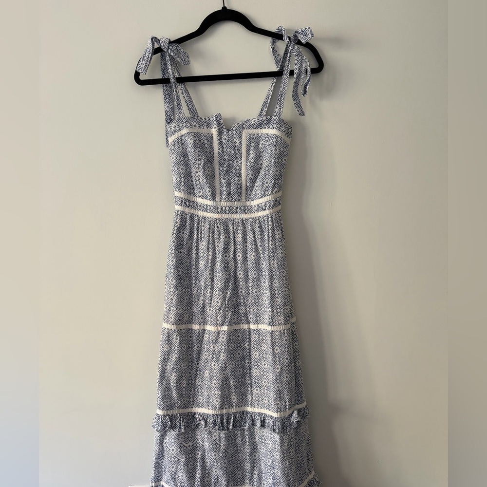 Chakeris Blue & White Ella Maxi Dress with White Trim - Sleeveless Tie-Strap